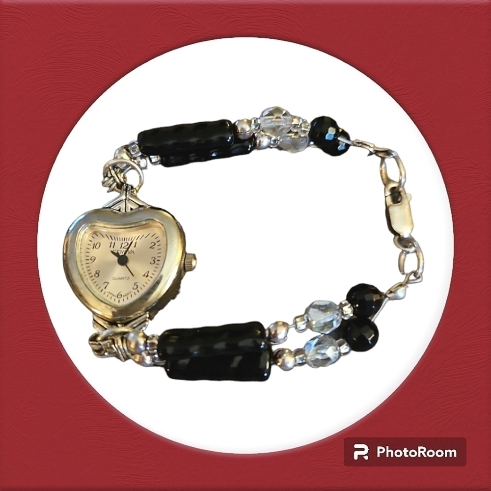 VTG GENEVA Black Glass Beaded Water Resistant Heart Watch Bracelet